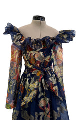 Prettiest 1960s Oscar de la Renta Metallic Thread Detailed Silk Organza Printed Off Shoulder Dress