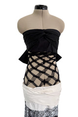 Fantastic Spring 2001 Jean Paul Gaultier Runway Multi Length Mesh Band Dress w Jersey Face Print Skirt