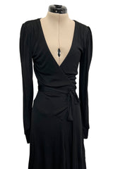 Incredibly Rare 1970s Holly’s Harp Bias Cut Black Jersey Dress w Crossed over Plunging Front