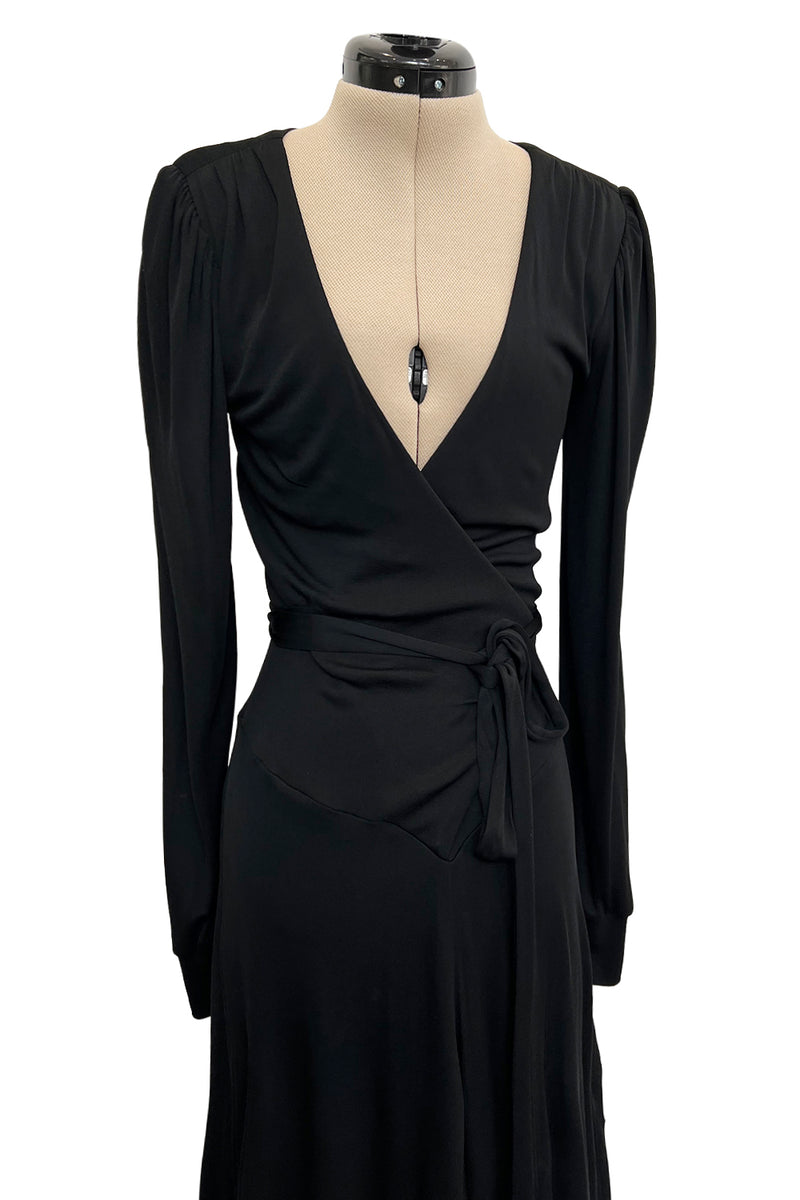 Incredibly Rare 1970s Holly’s Harp Bias Cut Black Jersey Dress w Crossed over Plunging Front