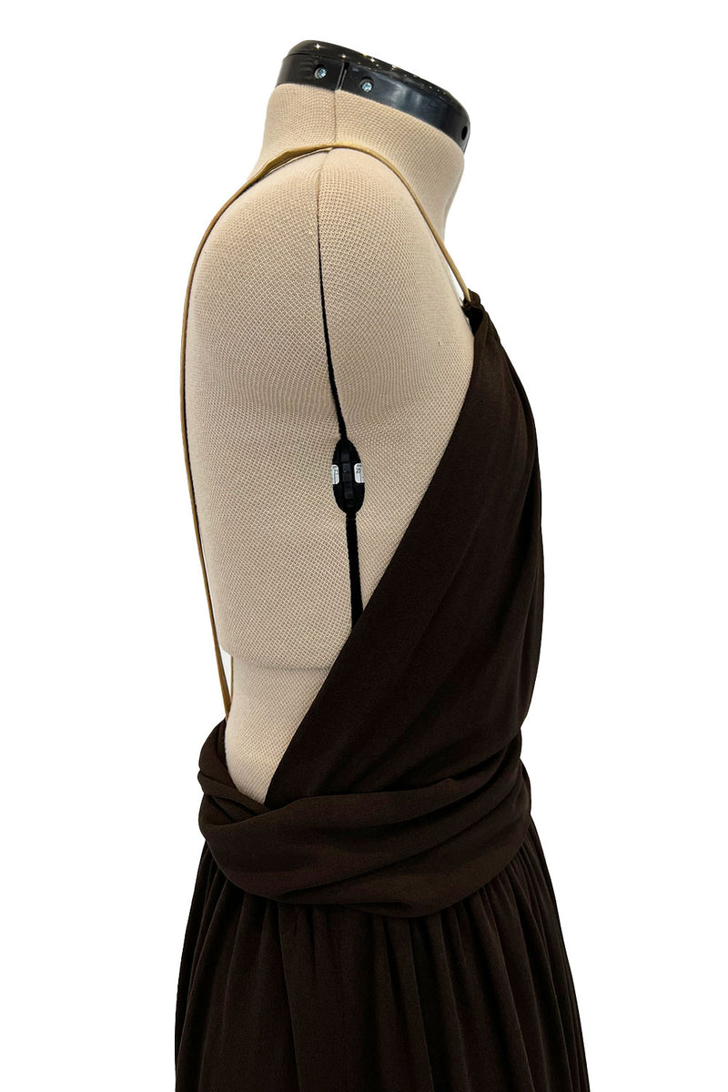 Well Documented Fall 1975 Yves Saint Laurent Brown Silk Jersey w Gold Strap Backless Dress