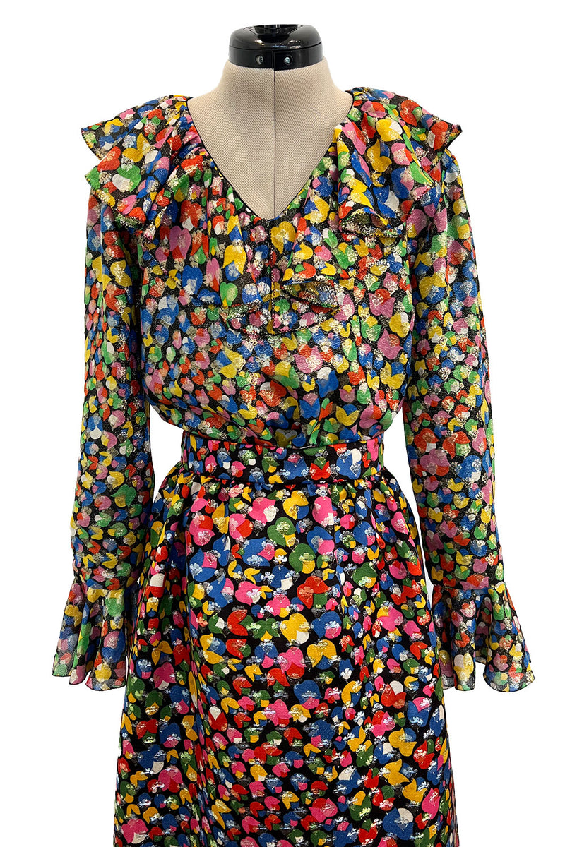 Numbered 1970s Christian Dior by Marc Bohan Demi-Couture Metallic Multi Color Silk Set