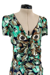 Prettiest 2019/2020 Prada 40s Inspired Lightweight Silk Dress w Green Floral Print & Ruffled Details