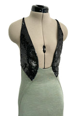 Incredible 1990s Geoffrey Beene Couture Dusty Green Jersey Plunge Dress w Sequins