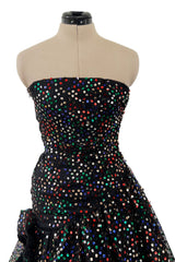 Gorgeous 1980s Arnold Scaasi Black Net Dress w Multi Colour Sequins & Asymmetrical Skirt