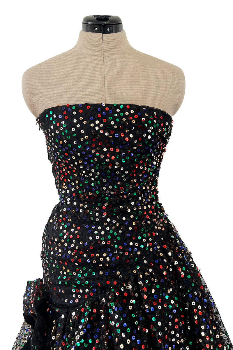 Gorgeous 1980s Arnold Scaasi Black Net Dress w Multi Colour Sequins & Asymmetrical Skirt