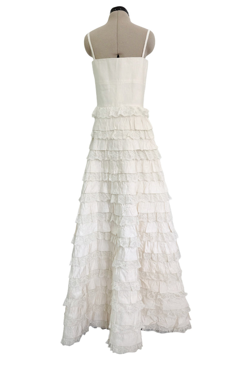 Dreamiest 2010s Valentino Off White Silk Wedding Dress w Tiered Ivory Lace & Ruffle Skirt
