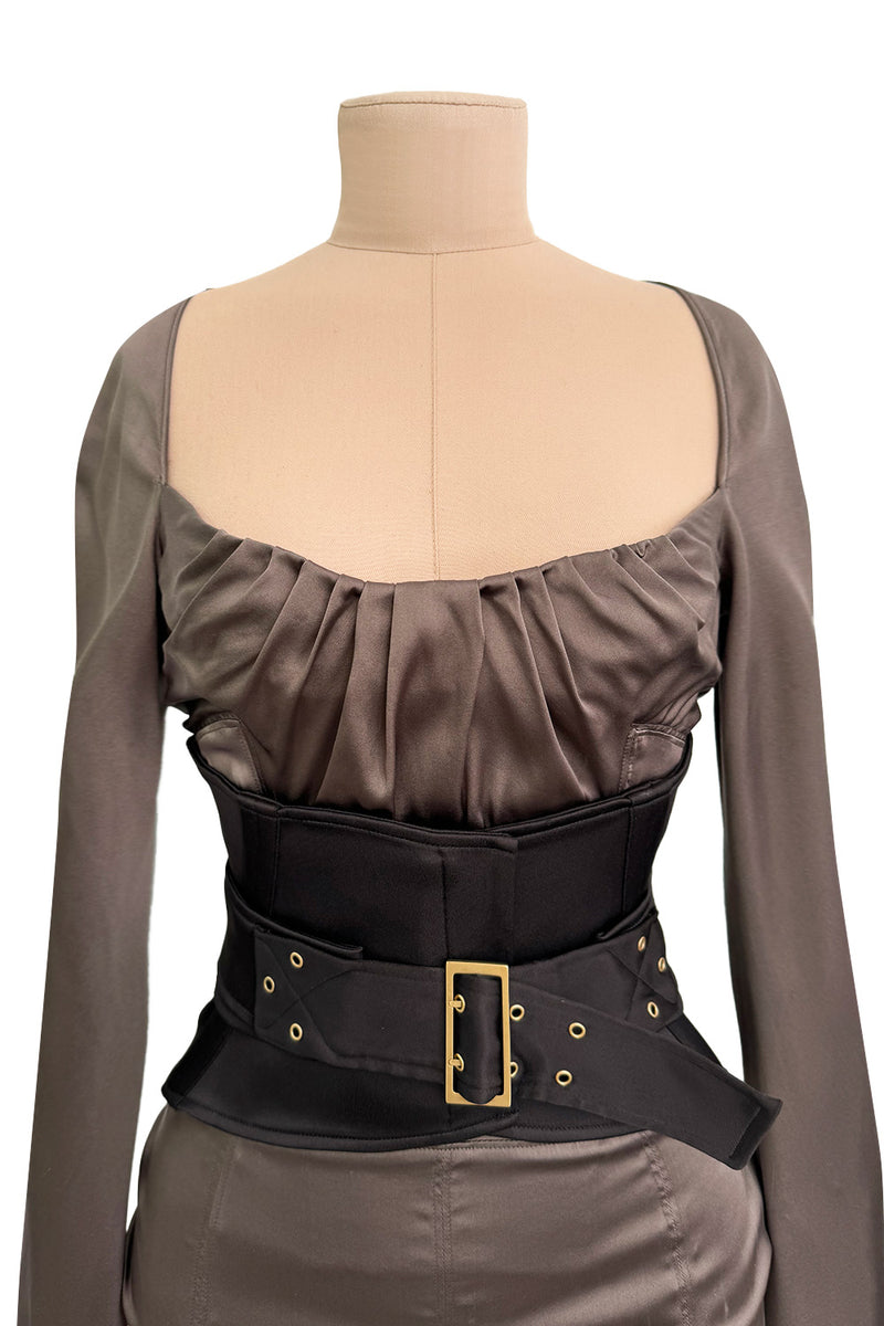 Important Fall 2003 Gucci by Tom Ford Runway Look 10 Stretch Silk Dress w Black Corset Waist Cincher Belt