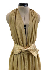 Fantastic Fall 1980 Bill Tice Metallic Gold Halter Front Backless Dress w Top Stiched Tie Belt & Front Slit