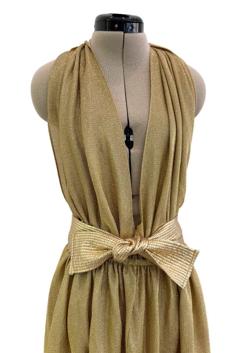 Fantastic Fall 1980 Bill Tice Metallic Gold Halter Front Backless Dress w Top Stiched Tie Belt & Front Slit