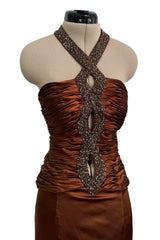 Chic 2000s Gianni Versace Bronze Gathered Silk Bodice Dress w an Elaborately Beaded Cut Out Front & Sweepimng Back