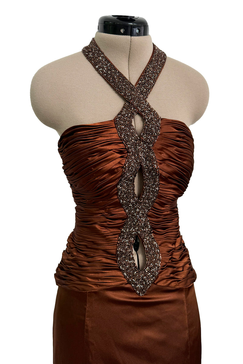 Chic 2000s Gianni Versace Bronze Gathered Silk Bodice Dress w an Elaborately Beaded Cut Out Front & Sweepimng Back