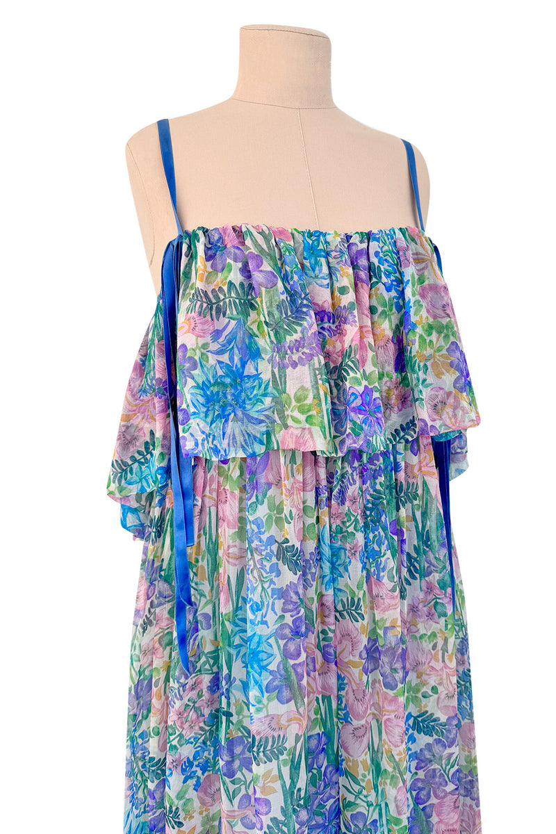 Spectacular Spring 1978 Christian Dior by Marc Bohan Blue Floral Silk Chiffon Dress w Ribbon Straps