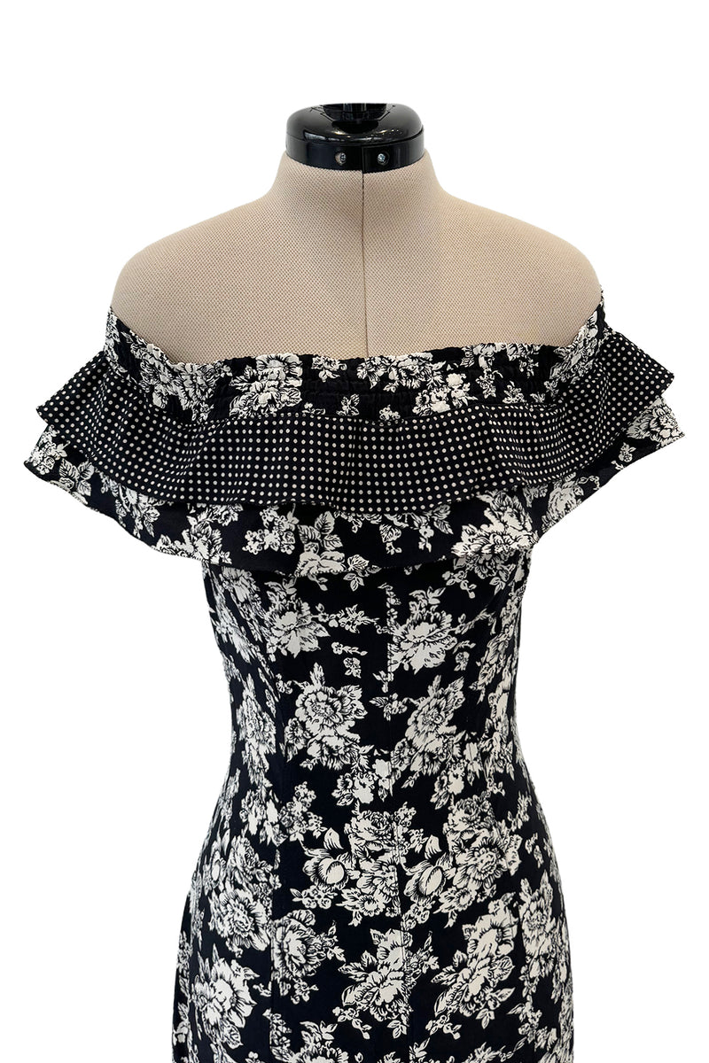 Ultra Rare Spring 1993 Versace by Gianni  Versace Silk Black & White Printed Off Shoulder Bell Bottom Jumpsuit