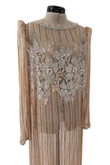 Gorgeous 1980s Unlabeled Fernando Pena Metallic Gold Thread & Pink Bead Sequin & Net Dress