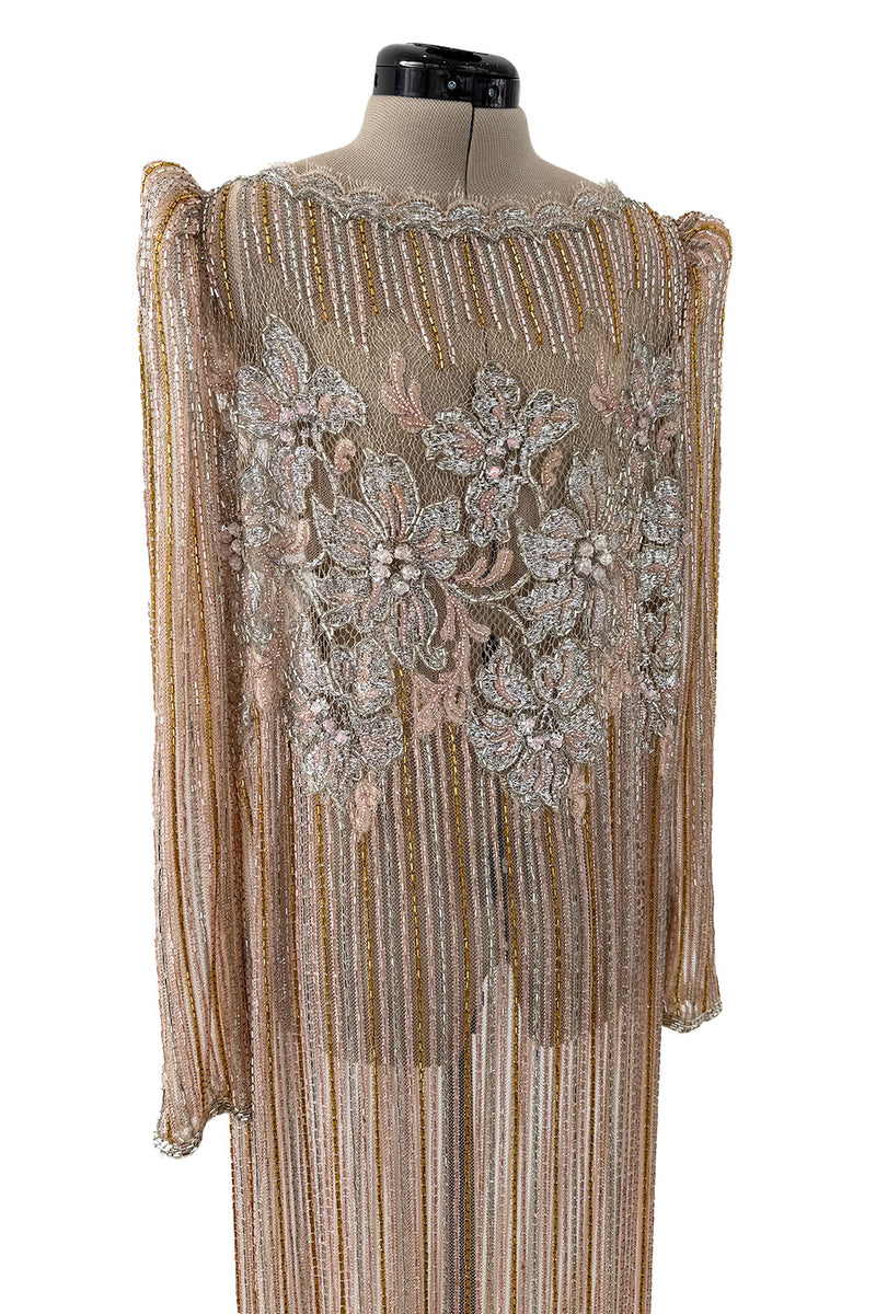 Gorgeous 1980s Unlabeled Fernando Pena Metallic Gold Thread & Pink Bead Sequin & Net Dress