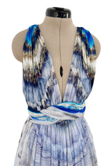 Resort 2010 Alexander McQueen Silk Chiffon Blue Print Dress w Plunging Front & Open Back