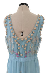 Prettiest Vintage Unlabeled Dusty Pale Blue Net Applique & Embroidered Dress w Ribbon Waist Tie