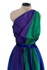 Spectacular 1970s Givenchy One Shoulder Silk Dress w Brilliant Blue, Deep Purple & Emerald Green Panels
