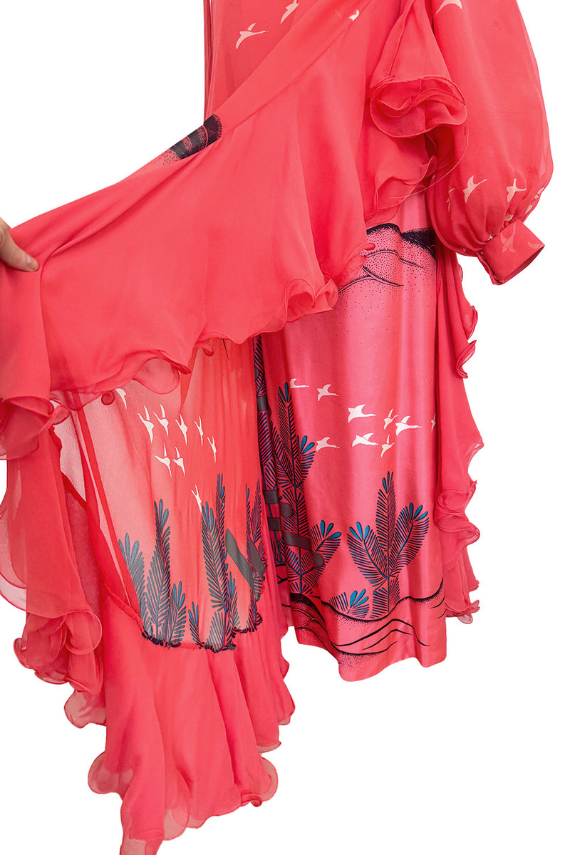 Important Fall 1972 Hanae Mori Couture Ad & Book Piece Silk Chiffon Printed & Ruffled One Sleeve Caftan Dress
