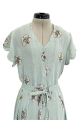 Prettiest 1930s Unlabeled Blue Handpainted Floral Dress Made of Unusual Woven Fabric