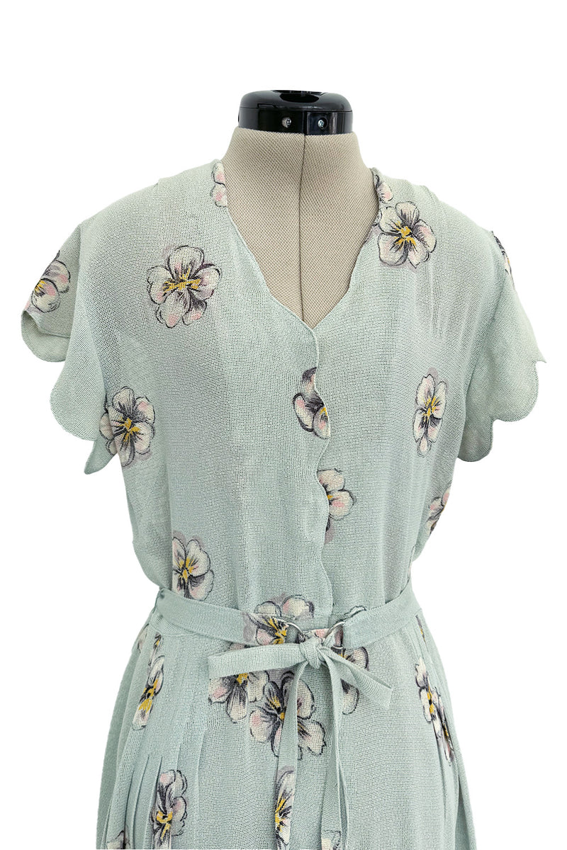 Prettiest 1930s Unlabeled Blue Handpainted Floral Dress Made of Unusual Woven Fabric