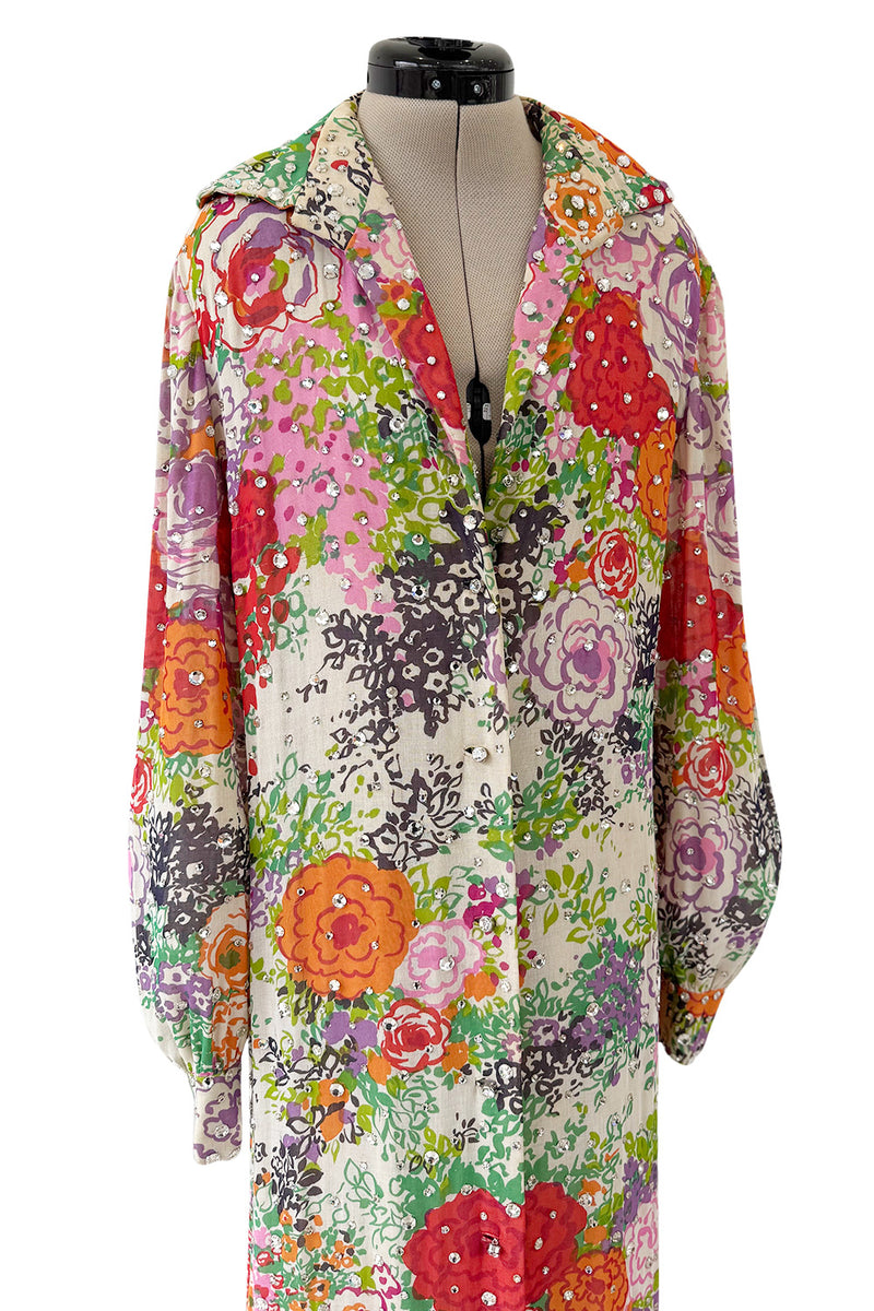 Beautiful Spring 1974 Pauline Trigere Runway Floral Print Dress w Rhinestone Detailing