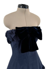 Incredible 1980s Hubert de Givenchy Haute Couture Strapless Blue Matte Silk Dress w Velvet Bow Detailing