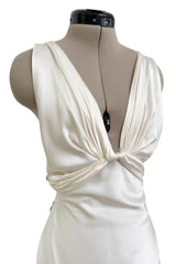Iconic Spring 2006 Roberto Cavalli Front Plung & Open Back Heavily Detailed w Rhinestone Bias Cut Ivory Silk Dress