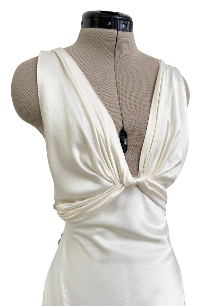 Iconic Spring 2006 Roberto Cavalli Front Plung & Open Back Heavily Detailed w Rhinestone Bias Cut Ivory Silk Dress