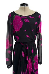 Gorgeous 1970s James Galanos Demi-Couture Silk Chiffon Dress w Vivid Pink Flower Print