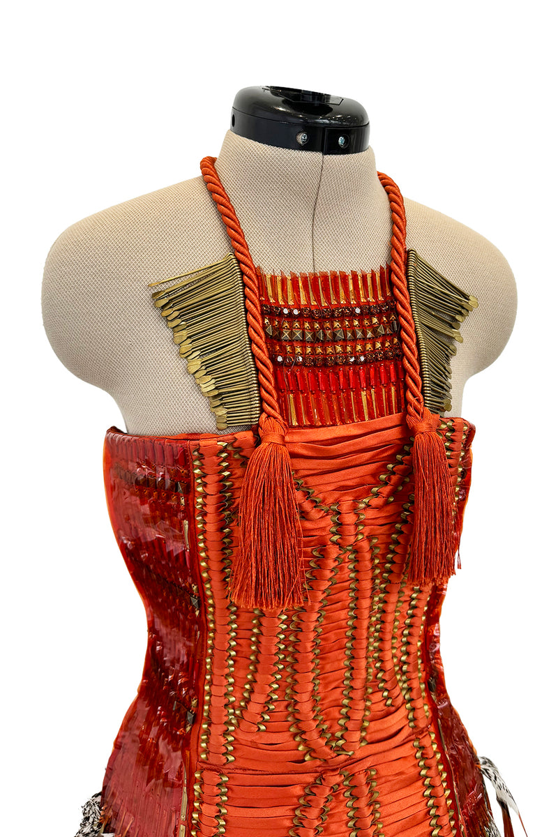 Iconic Spring 2011 Gucci by Frida Giannini Runway Look 41 Burnt Orange Silk Cord, Brass & Feather Dress