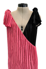 Fantastic Fall 1980 Mary McFadden Couture Salmon Pink & Black Cross Over Pleated Dress