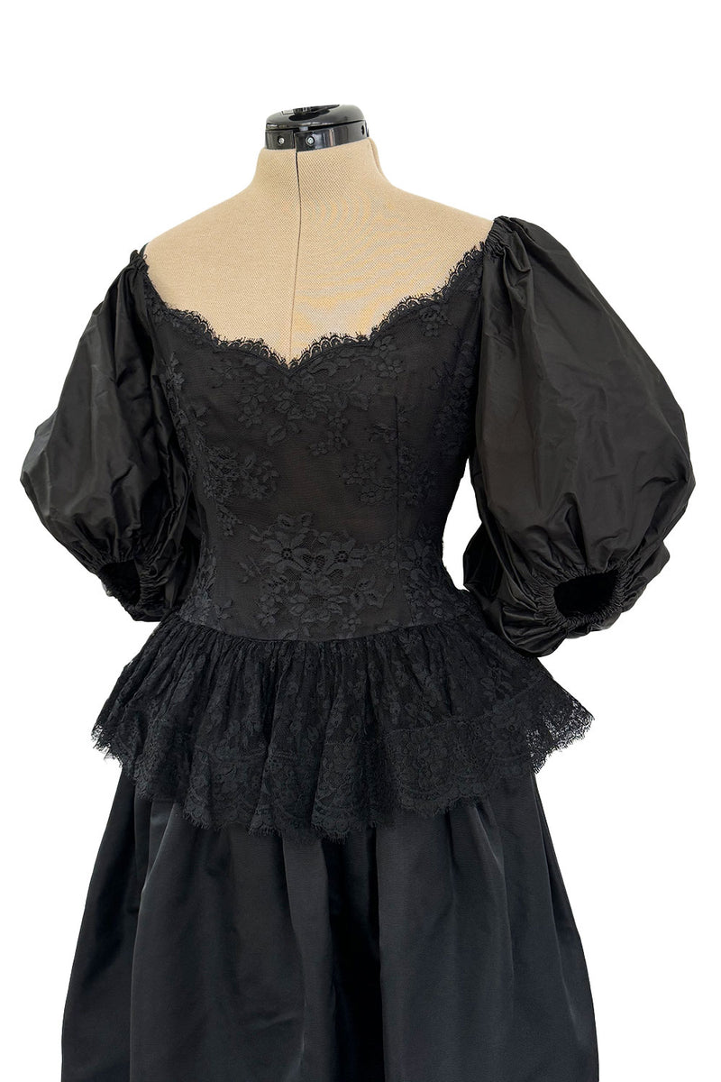 Documented Resort 1978 Oscar de la Renta Backless Black Silk & Lace Dress w Full BalloonmSleeves