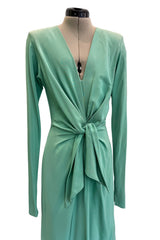 Iconic Spring 1985 Yves Saint Laurent Haute Couture Runway Pale Green Silk Dress w Front Plunge & Tie