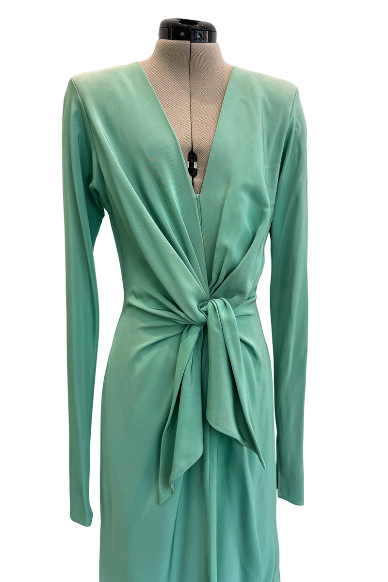Iconic Spring 1985 Yves Saint Laurent Haute Couture Runway Pale Green Silk Dress w Front Plunge & Tie