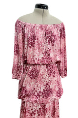Gorgeous Spring 1976 Yves Saint Laurent Runway Pink Floral Silk Jersey Off Shoulder Dress