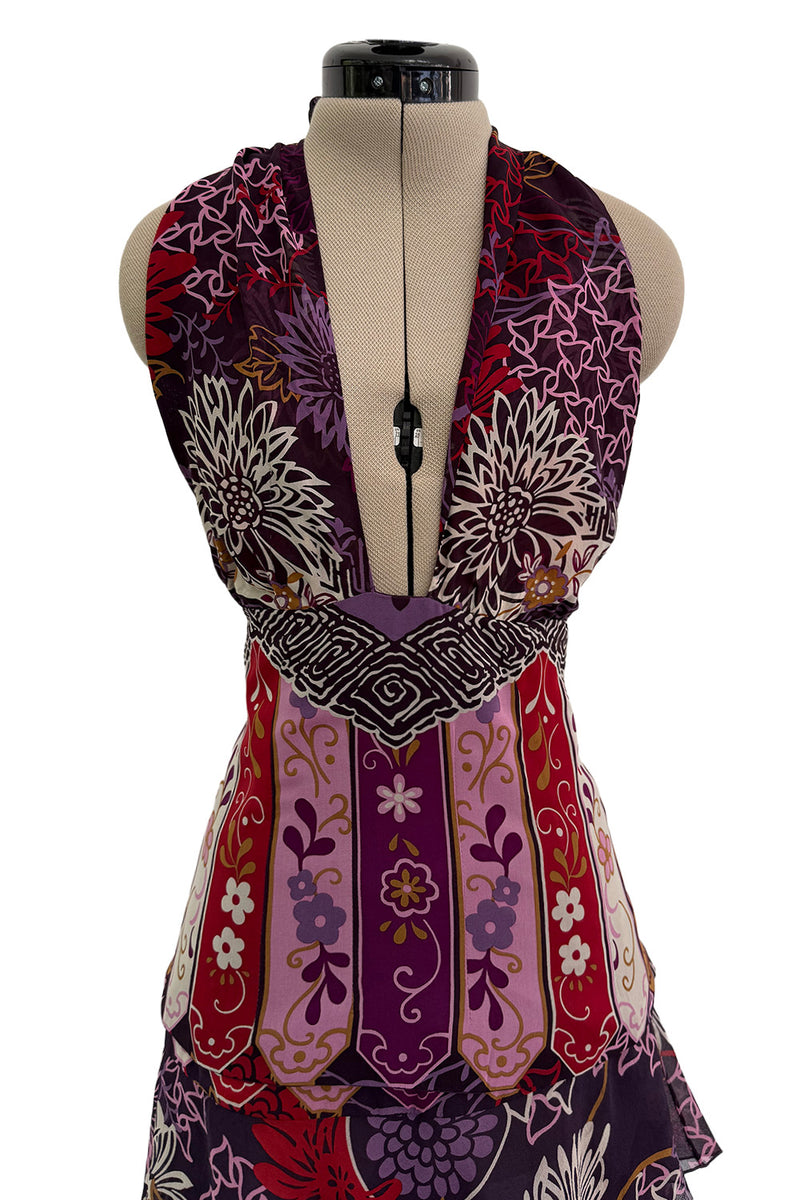 Prettiest Fall 2006 Original Mr. Valentino Purple Print Ruffled Skirt & Plunging Halter Top Dress Set