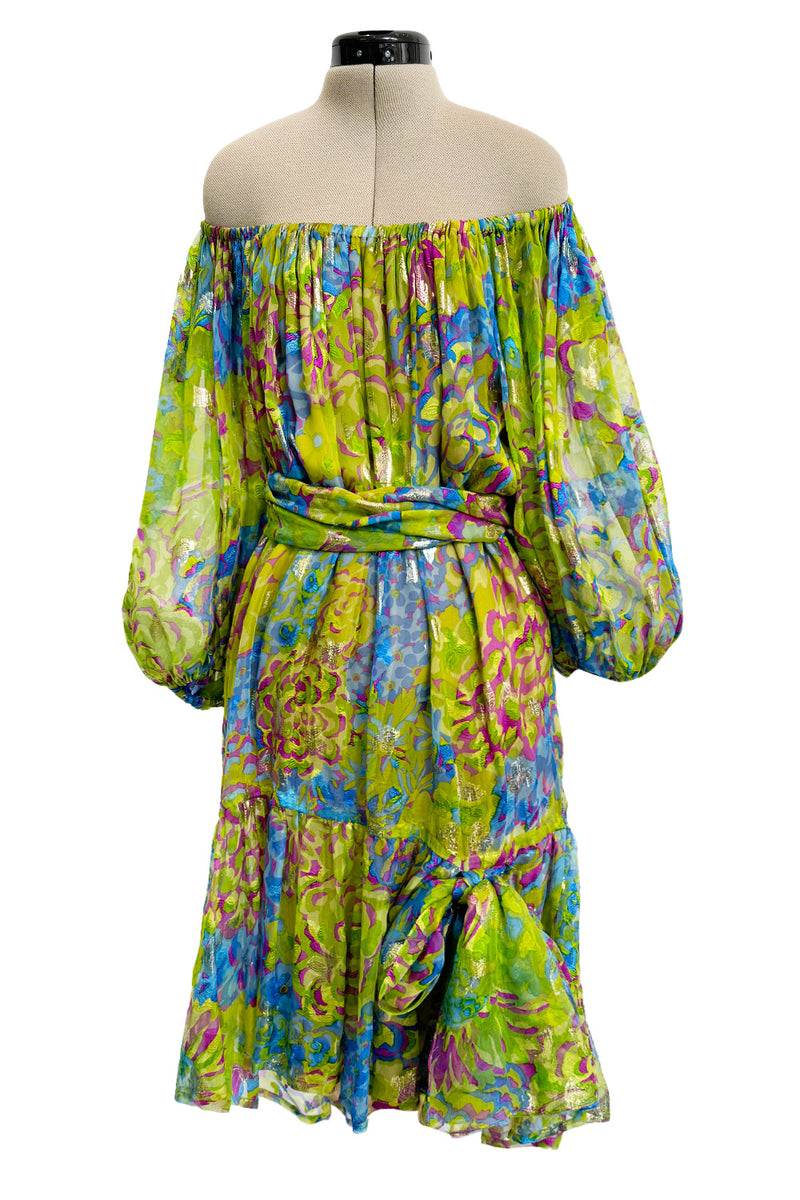 Spectacular Spring 1990 Yves Saint Laurent Runway Adjustable Length Metallic Silk Chiffon Dress