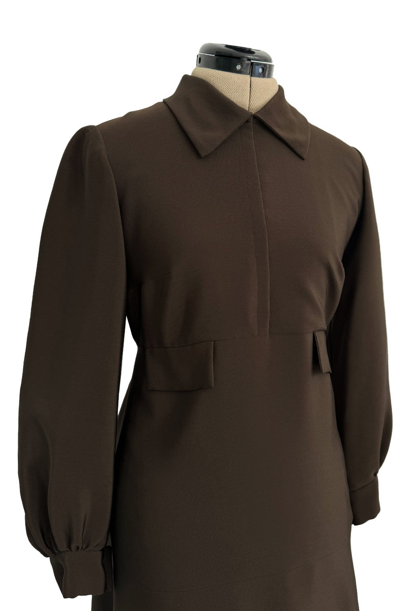 Elegant 1970s Madame Gres Haute Couture Chocolate Brown Day Dress w Full Sleeves & Collar