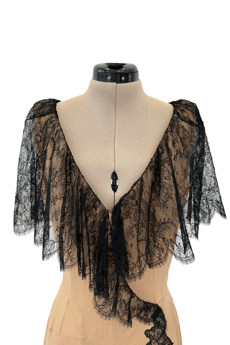 Spectacular Fall 1988 John Anthony Bias Cut Taupe Silk Chiffon Wrap Dress w Hand Made Lace Detailing