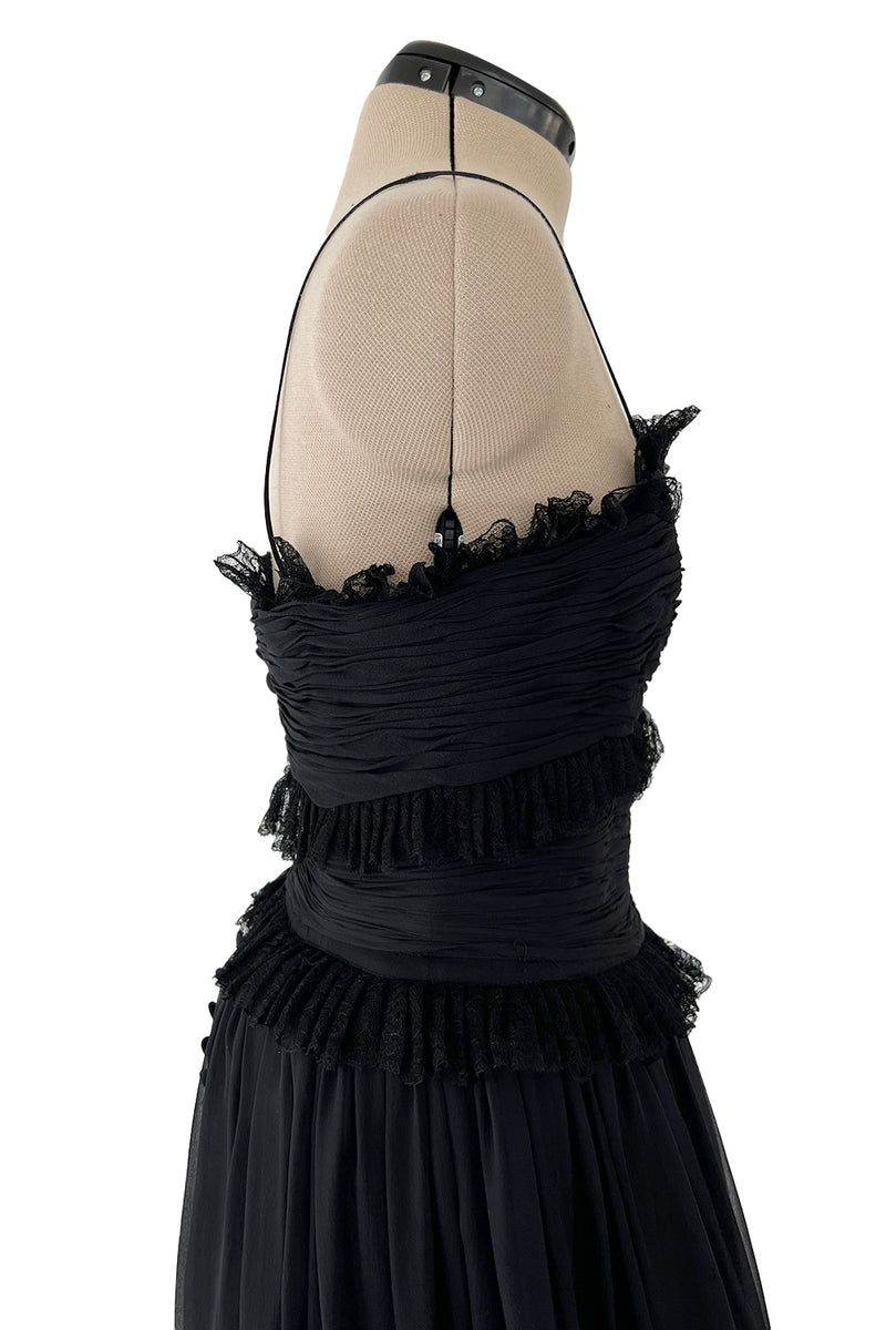 Prettiest 1992 Chanel by Karl Lagerfeld Black Silk Chiffon Dress w Black  Lace Detailing