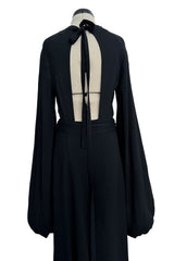 1971 Ossie Clark Couture "Come Fly With Me" Black Moss Crepe Open Back Wrap Dress w Huge Sleeves