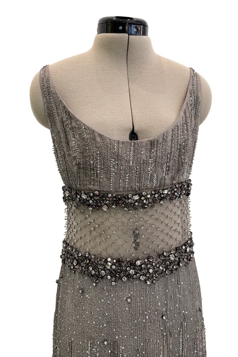 2010s Valentino by Pierpaolo Piccioli & Maria Grazia Chiuri Sequin & Rhinestone Embellished Deep Silver Silk Dress