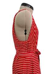 Chic & Minimalist Resort 1974 Halston Vogue Documented Red & White Striped Cotton Plunge Dress Dress