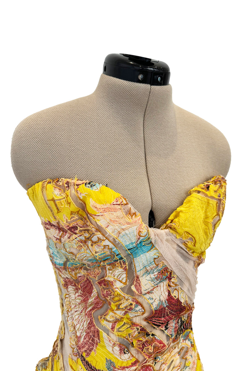 Very Rare Spring 2003 Roberto Cavalli Printed Silk & Net Boned Corset & Red Sequin Mini Skirt Set
