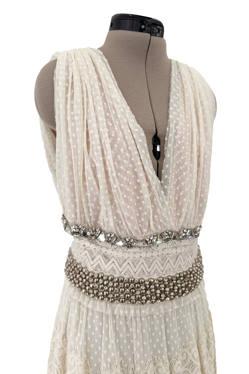 Gorgeous 2010s Lanvin Blanche by Alber Elbaz Dotted Net Plunge Dress w Rhinestone Details