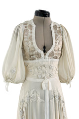 Rare 1969-75 Thea Porter Couture Embroidered Silk Organza & Gold Metallic Dress w Balloon Sleeves