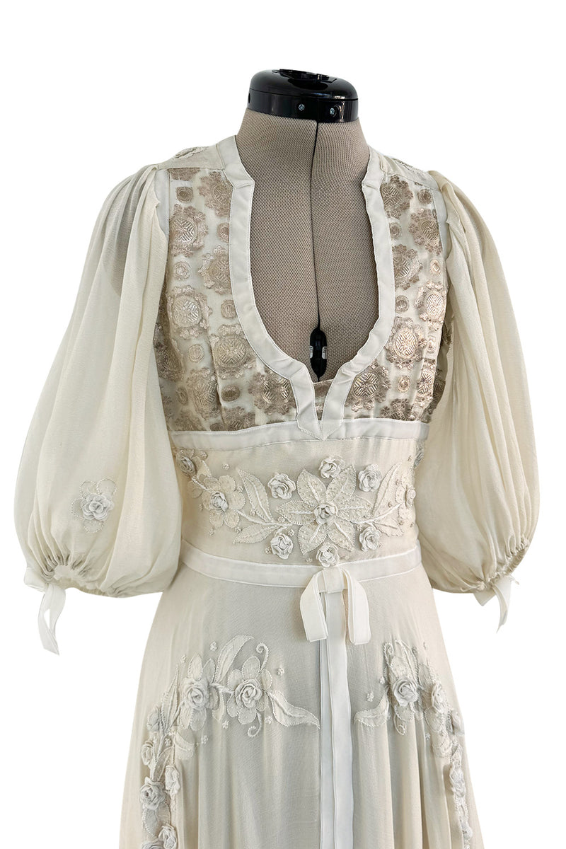 Rare 1969-75 Thea Porter Couture Embroidered Silk Organza & Gold Metallic Dress w Balloon Sleeves