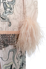 Resort 2018 Prada by Miuccia Ad Campaign & Runway Look 23 Pale Pink Tunic & Pant Set w Feather Cuffs